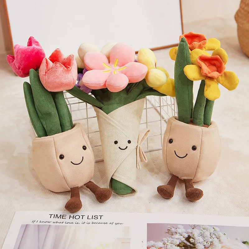 Cartoon Flower Tulip Daffodil Plant Plush Toy Succulent Stuffed Doll Potted Flower Decoration Creative Christmas Birthday Gift