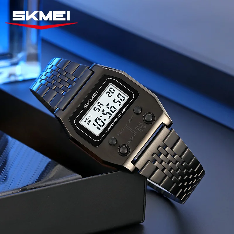 SKMEI 2460 ساعة رقمية مقاومة للماء للرجال الفولاذ المقاوم للصدأ الرياضة الفاخرة ريترو LED الإلكترونية ساعات المعصم الرجالية Reloj Hombre