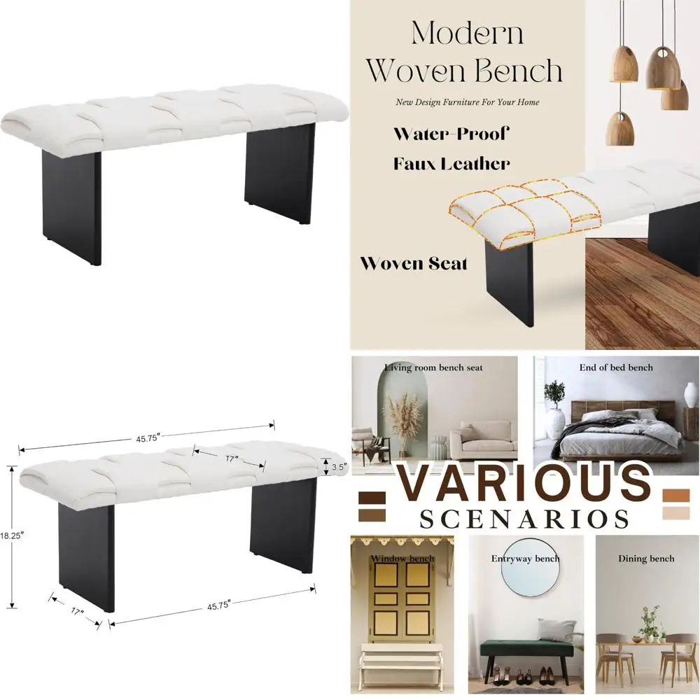 Modern Upholstered Linen Bedroom Bench with Woven Seat and Walnut Wood Base for Entryway or End of Bed