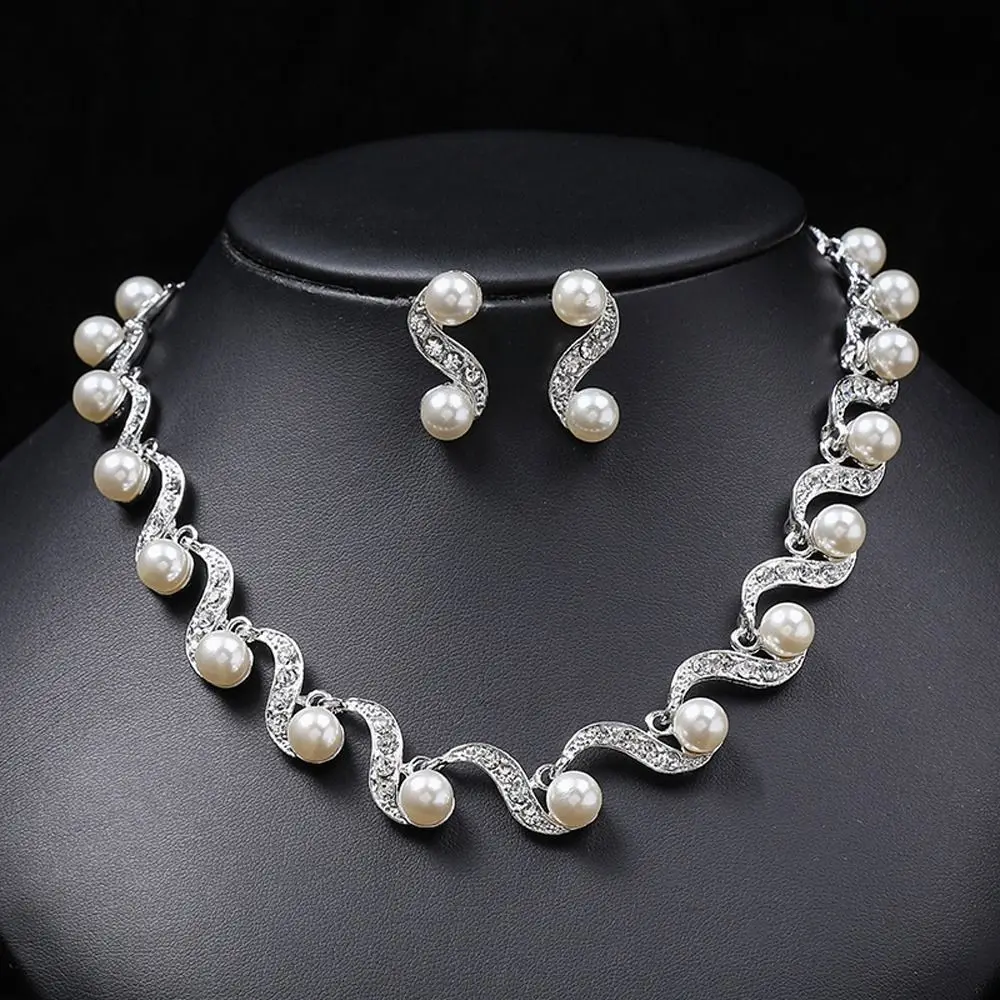 Legierung Strass Blume Jahrestag Geschenk Perle Baumeln Ohrringe Wasser Tropfen Ohrringe Frauen Halskette Braut Hochzeit Schmuck Set