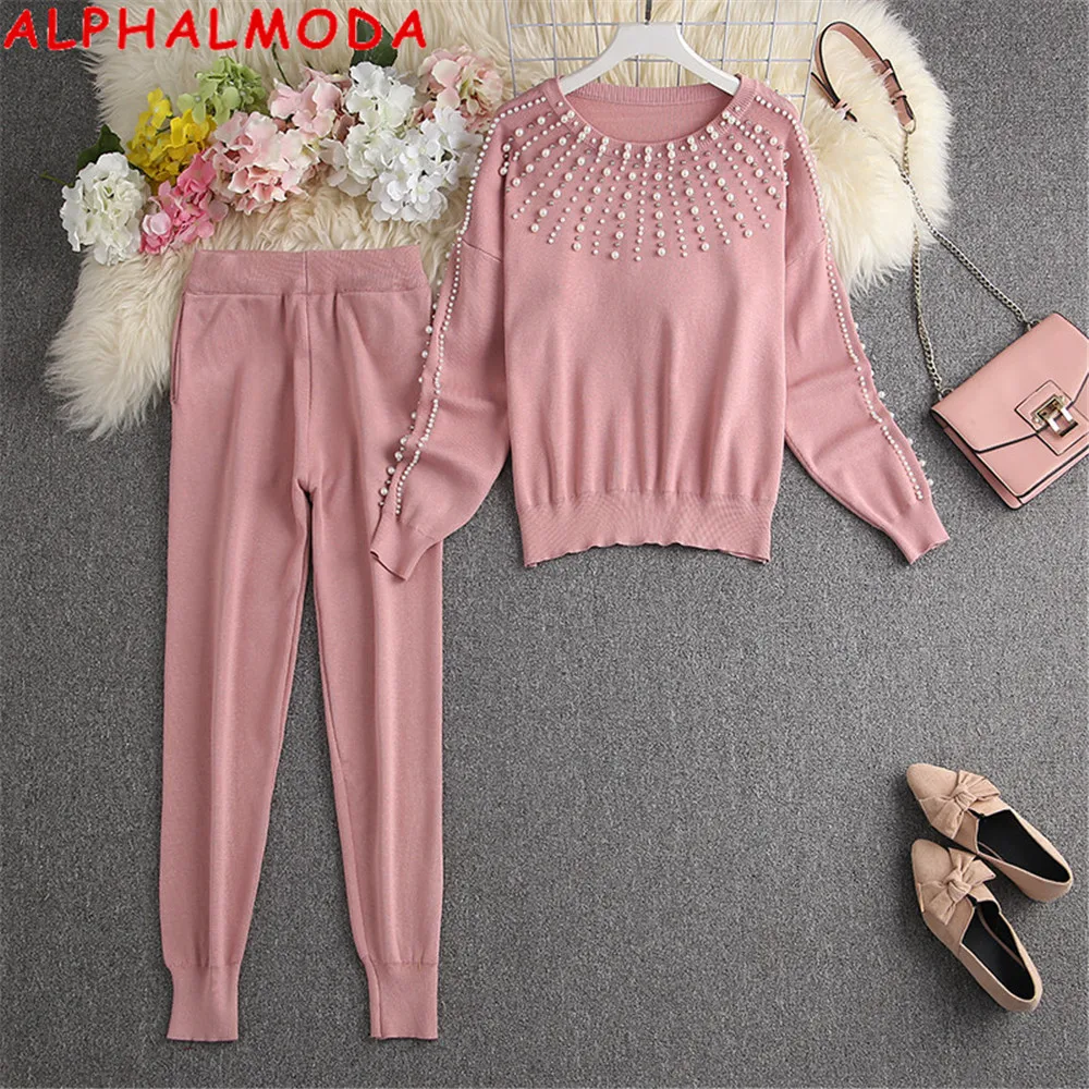 ALPHALMODA-Set maglione e pantaloni con perline per donna, leggings da lavoro pesanti, abito di lusso, Natale, Capodanno, set per feste festive, 2 pezzi