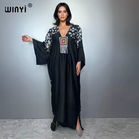 WINYI boho evening dress dubai luxury Female loose kaftan muslim woman clothing holiday beach dress fashion silk feeling Caftan