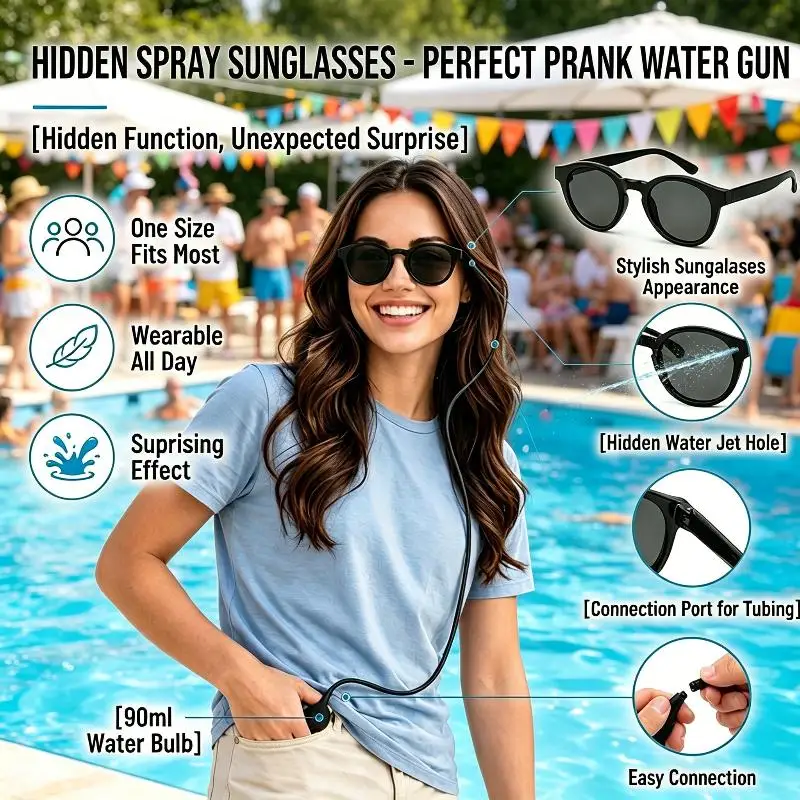 Scherzartikel: Versteckte Wasserschieß-Sonnenbrille – Lustige Spritzbrille mit 90ml nachfüllbarem Wasserreservoir – Neuheit für Erwachsene, Party-Trick-Spielzeug