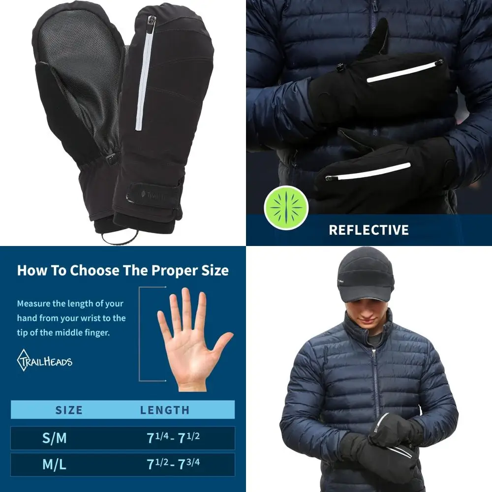 قفازات الجري الشتوية للرجال - قفازات بسحاب قابلة للتحويل، عازلة للحرارة، مثالية للطقس البارد، أسود