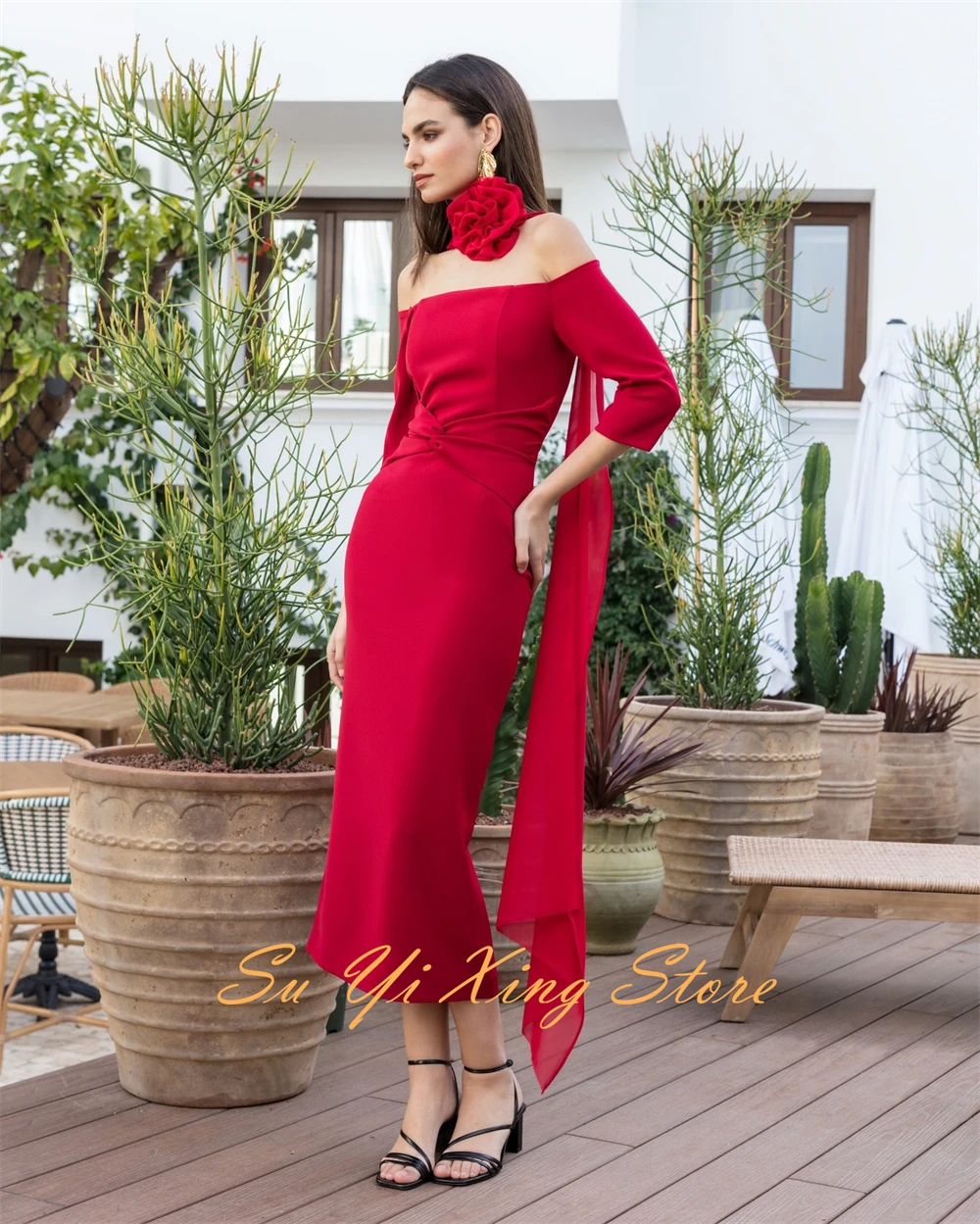 Customized  Graceful Off the ShouldSleeveless Evening Dress Delicate Flowers Ribbons Party Dress Classic Half Sleeves P