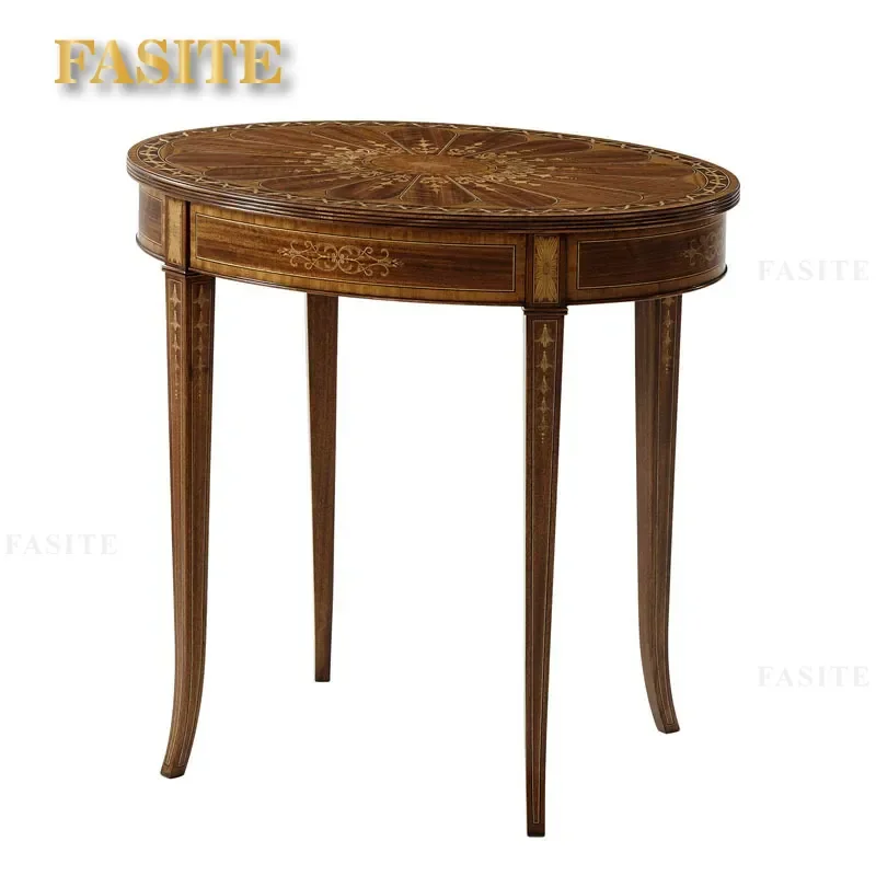 For European Style Carved Solid Wood Side Table Neoclassical Hand Painted Small Round Coffee Table Living Room Furniture