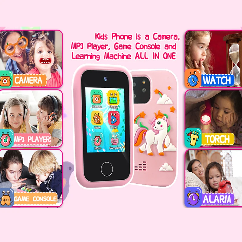 Kids Mini Toy Phone Funny Learning Education Tool Music Puzzle Game Player Dual Camera Alarm Clock Calculator Flashlight Gifts