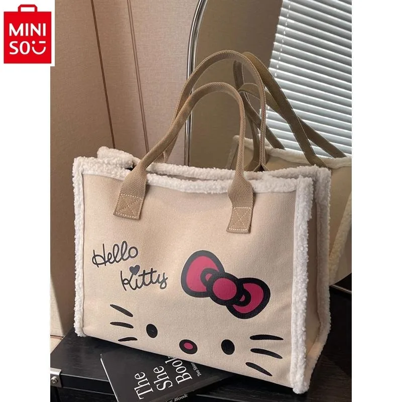 MINISO-Bolso de hombro de lona con dibujos animados de Hello Kitty para estudiantes, bolso informal de felpa, bonito, novedad de 2024