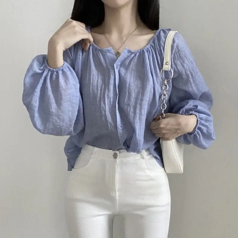 Baggy Solid Shirts Women Summer Sunscreen Lantern Sleeve Vintage Graceful Soft New Arrival Sweet Tops Chic Korean Style Elegant