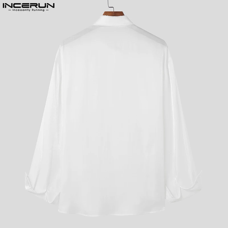 INCERUN Tops 2024 American Style New Men Fashion Bright Chain Tie Design Shirt Casual Male Solid Long Sleeved Lapel Blouse S-5XL