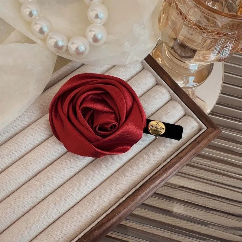 French Satin Retro Handmade Rose Barrettes Three-Dimensional Flower Side Clip Bangs Clip Headdress Cropped Hair Clip Women