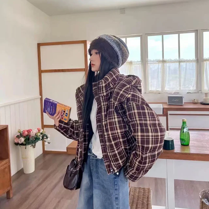 Plaid Parkas Coats Women Winter Loose Thick Crop Down Jacket Harajuku Streetwear Warm Hoodie Bread Outerwear Mujer