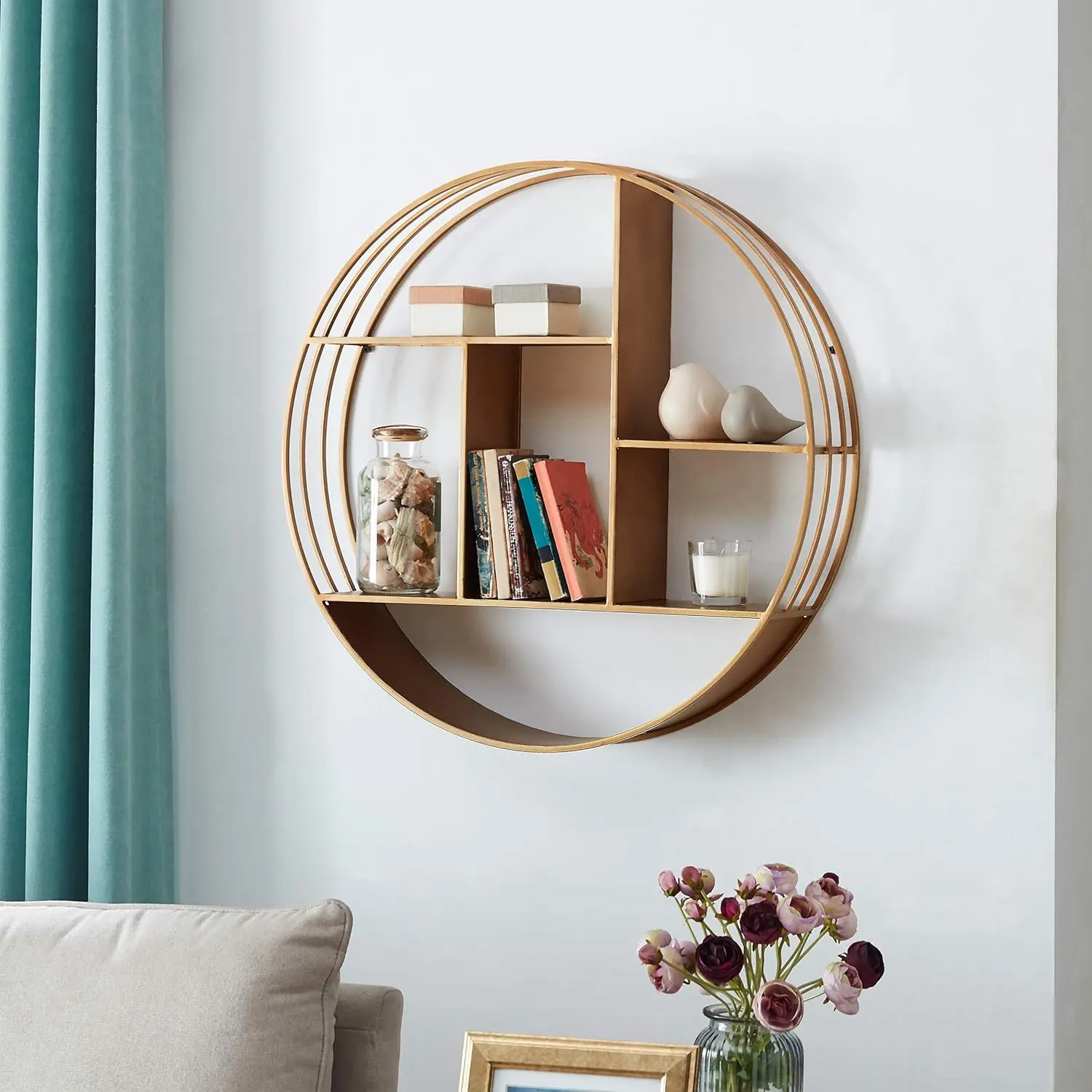 & Co. Gold Brooklyn Wall Shelf, Round 3 Tier Wall Mounted Floating Shelf for Bathroom, Bedroom, Living Room Decor, Metal, Indust