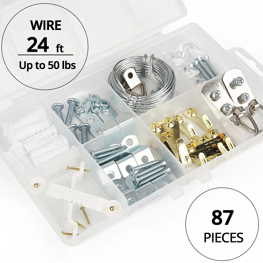 

Picture Hanging Kit with Wire Picture Hangers Hooks Nails and Hardware for Heavy Duty Frame Hook for Wall Home Office Use 87pcs