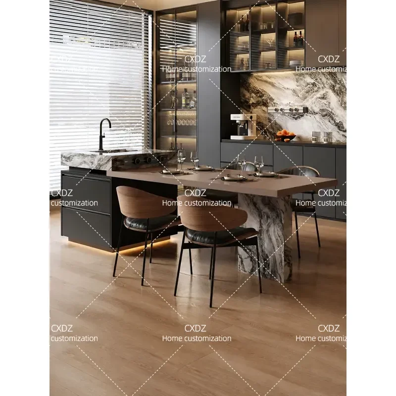 Luxury Venice Style Retractable Stone Slab Island Table with Integrated Sink Modern Dining Table for Small Apartment