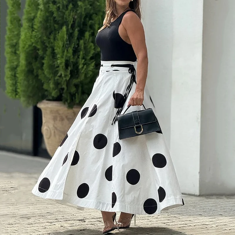 Wefads 2024 Two Piece Set Women Summer Office Chic Solid Sleeveless Round Neck Vest Top Loose Polka Dot Printed Long Skirt Sets