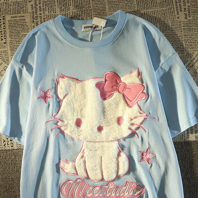 Sanrio Cute Hello Kitty ricamo estate nuova maglietta manica corta donna Patchwork Versatile top di media lunghezza Y2k Harajuku Tees