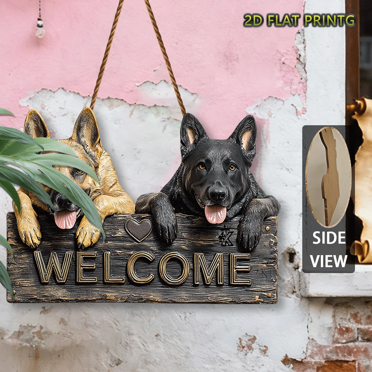 2D Flat,Single Piece,Wooden Sign,Outdoor Wall Decoration,German Shepherd with Black Herding Dog Welcome Sign,Gift for Dog Lovers