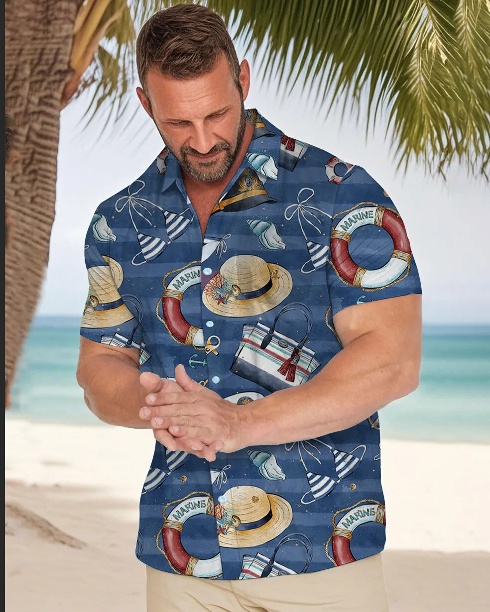 S-9XL Plus Size Men's Hawaiian Nautical & Floral Print Short Sleeve Shirt, Casual Button Up for Beach, Vacation & Daily Wear