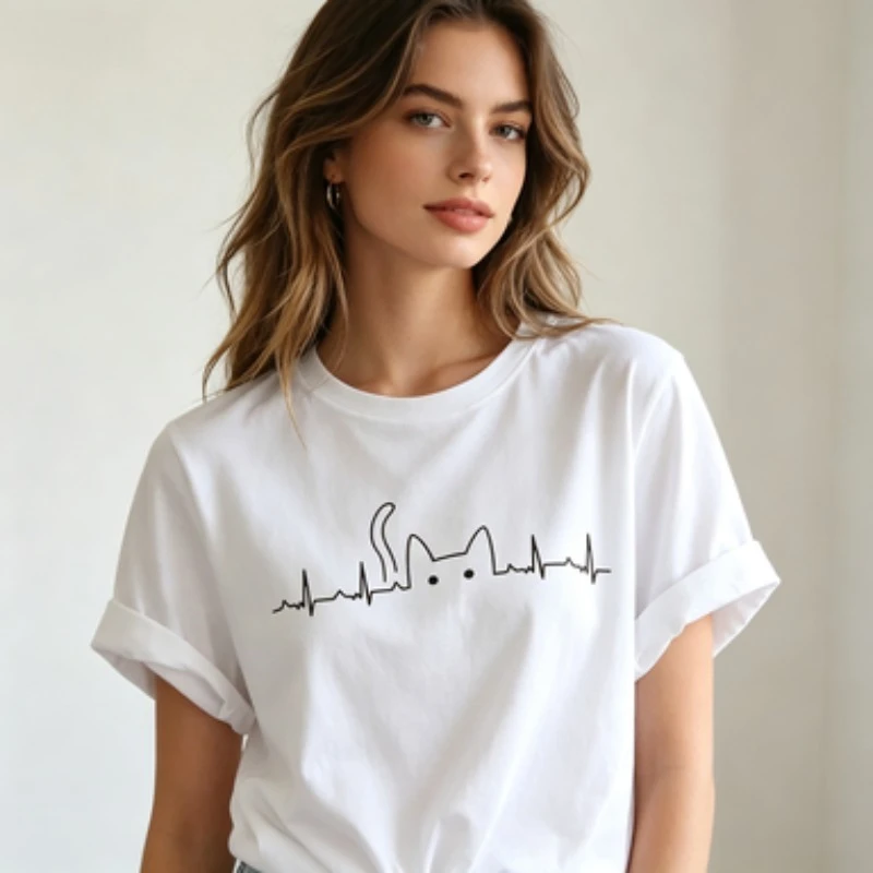 T-shirt blanc pour femme avec motif chat mignon, associé à une chemise décontractée à motif minimaliste en lignes noires, est le cadeau idéal pour les passionnés de chats.