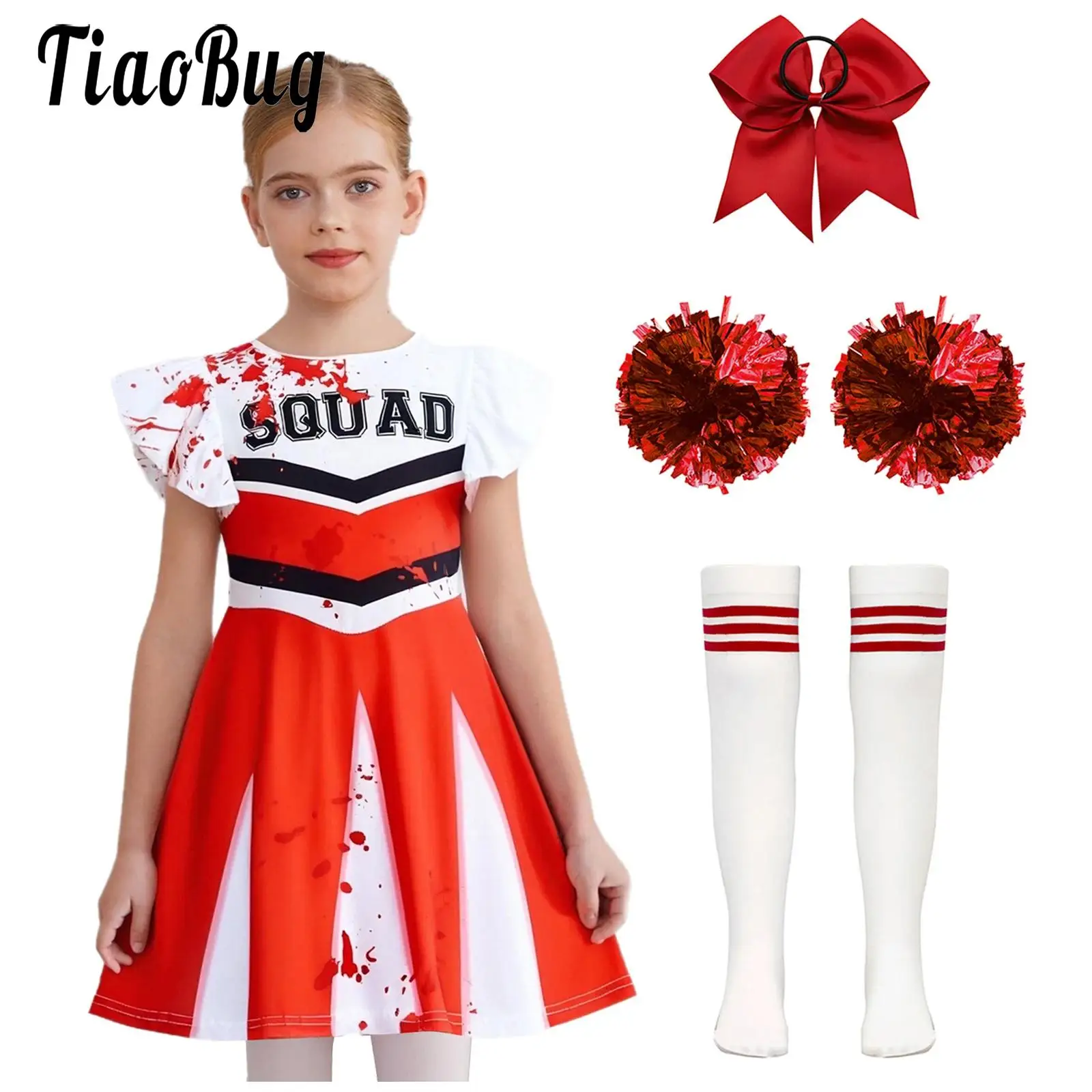 

Kids Girls Cheer Leader Outfit Halloween Performance Outfit Cheer Print Tutu Dress with Hair Tie Hand Flowers and Tube Socks Set