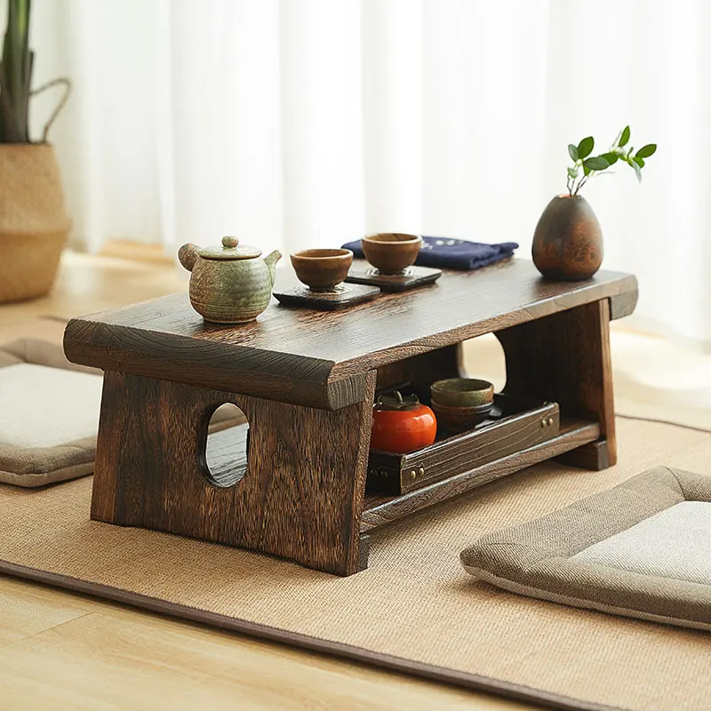 Vintage Solid Wood Tatami Table Japanese Style Foldable Bay Window Tea Desk Zen-Inspired Stand Wooden