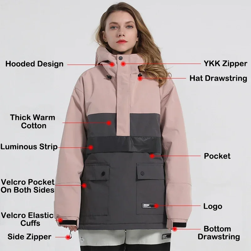 新しい女性のジャケット冬暖かいスノーボードウェア防風女性トラックスーツスポーツ男性マウンテンスキーコートフード付きシンプルなウインドブレーカー