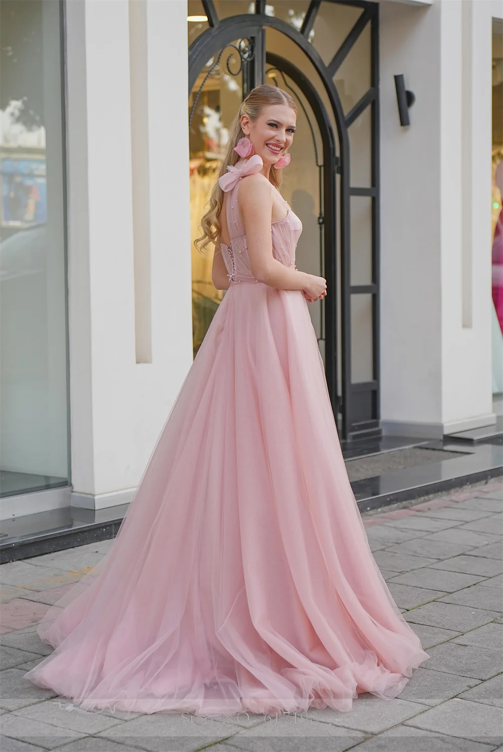 Une robe de Rhen tulle perlé rose initiée pour femme, robe de soirée à lacets, occasion formelle, A-ligne