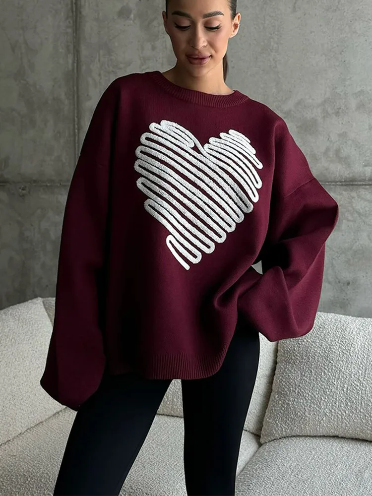 Versatile Woman Heart Print Long Sleeve Knitted Pullover Chic Round Neck Loose Top 2024 New Autumn Lady Casual Daily Streetwear