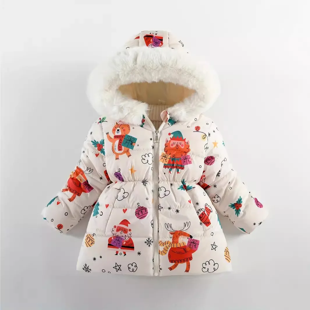 

2024 Winter New Children's Clothing Baby Girls' Fashion Cartoon Fox Printed Padded Jacket Kid's Large Fur Collar Hooded Coats