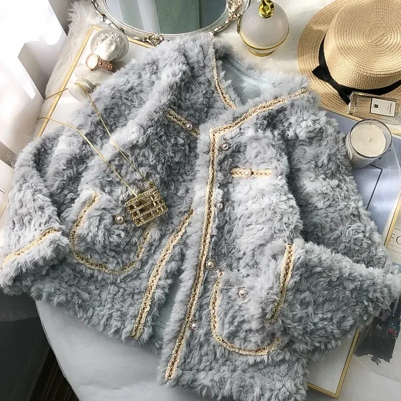 French Retro Fragrant Lamb Wool Coat Short Thickened Women's Round Neck Autumn Winter Jacket