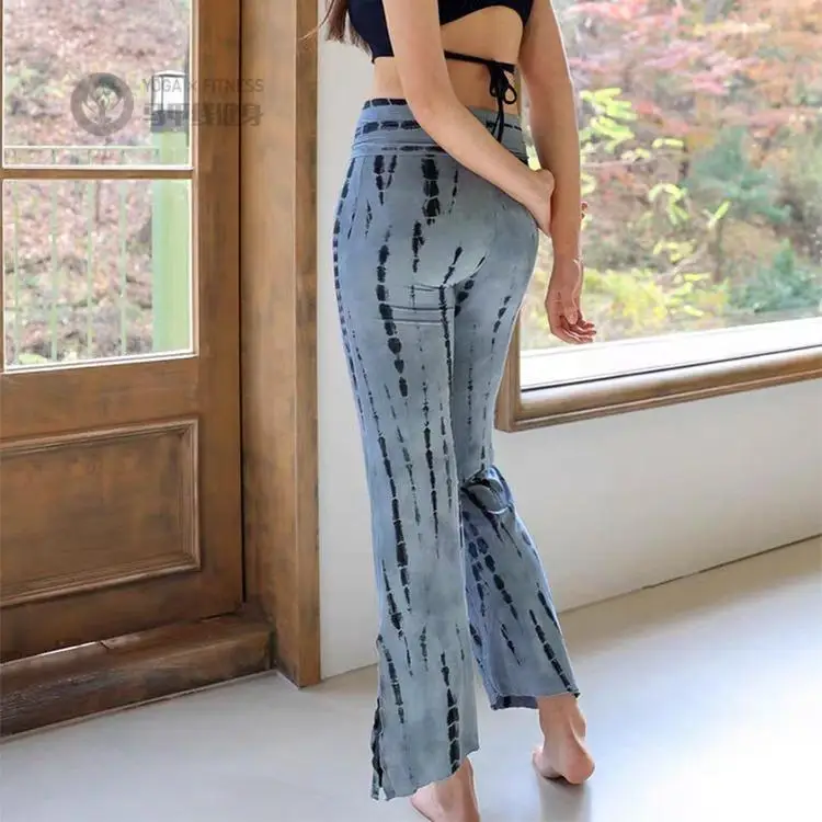 High Waist Yoga Pants Women's Breathable Moisture Wicking Fitness Sports Ins Style Printed Side Open Wide Leg Pants