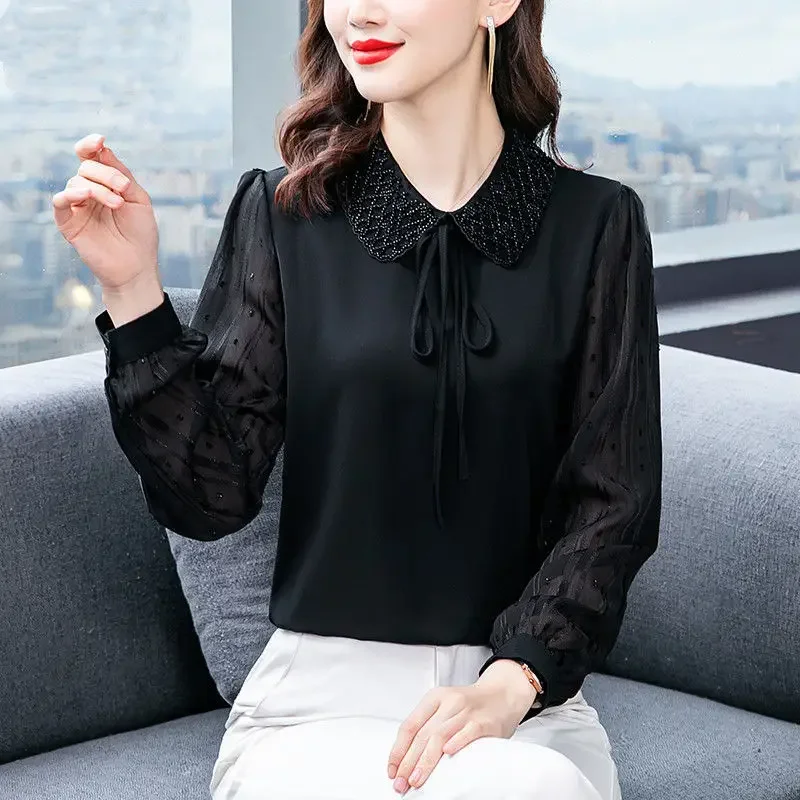 Spring and Autumn Women's Solid Color Pullover Lace Up Doll Neck Loose Fit Chiffon Long Sleeve Shirt Fashion Elegant Tops