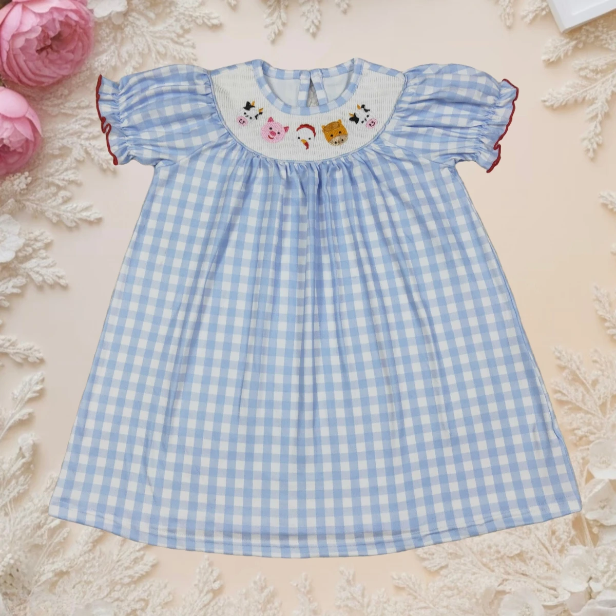 

Summer Children Baby Girls Smocked Dress Sleeveless Round Neck Embroidery Cows Pigs Chicks Farm Loose Dress Toddler Casual Dress