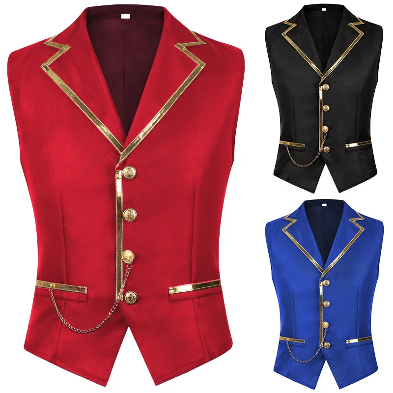 

2025 New Red Single-breasted Gold-rimmed Chain Fashion Vest for Men, Blue Gentleman Business British Style Stage Men WaistCoat