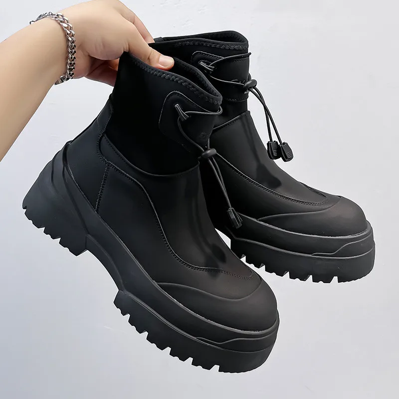 Korean style mens fashion genuine leather boots black tide platform shoes handsome cowboy ankle boot spring autumn botas hombre