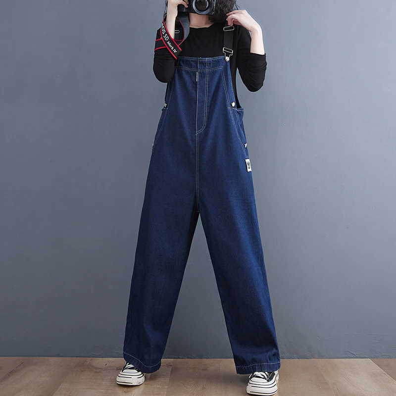 

#1498 Straight Denim Jumpsuits Women Loose Wide Leg Long Jumpsuits Ladies Dark Blue Denim Overalls Female Rompers Sleeveless