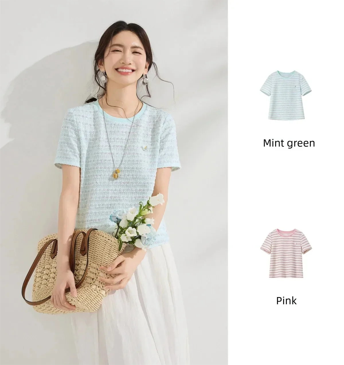 SENTUBILA Vielseitiges geripptes Rundhals-T-Shirt für Damen mit Streifenmuster, Sommer 2026, strukturiertes, gerades Strick-Oberteil, Damenbekleidung Q62TL7174 – Detail 11