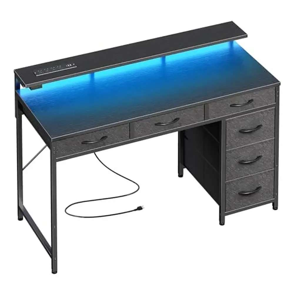 

Computer Desk Gaming Desk with LED Lights Power Outlets Type-C 39" Office Desk Storage Stand Black 6 Drawers Foldable Fabric