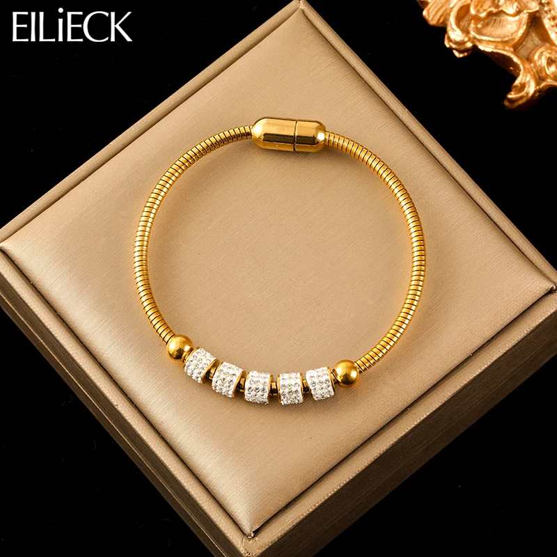 EILIECK-Pulseira Strass Branca para Mulheres, Pulseira Magnética Impermeável, Jóias de Aço Inoxidável 316L, Novo Presente