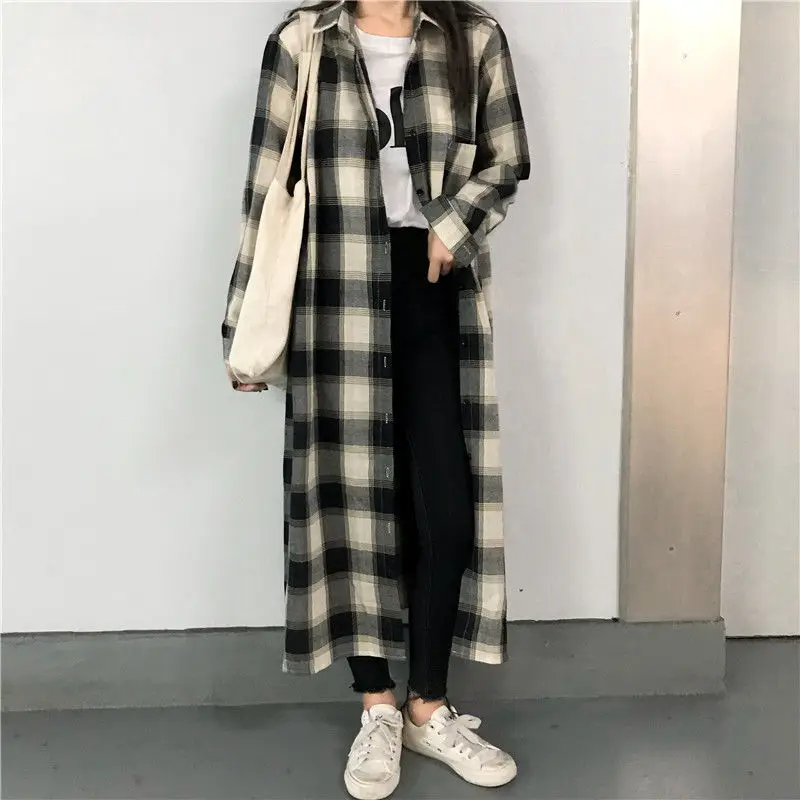 Stylish Streetwear Plaid Long Shirt Female Clothing Loose Straight Spring Autumn Turn-down Collar Casual Single-breasted Blouse