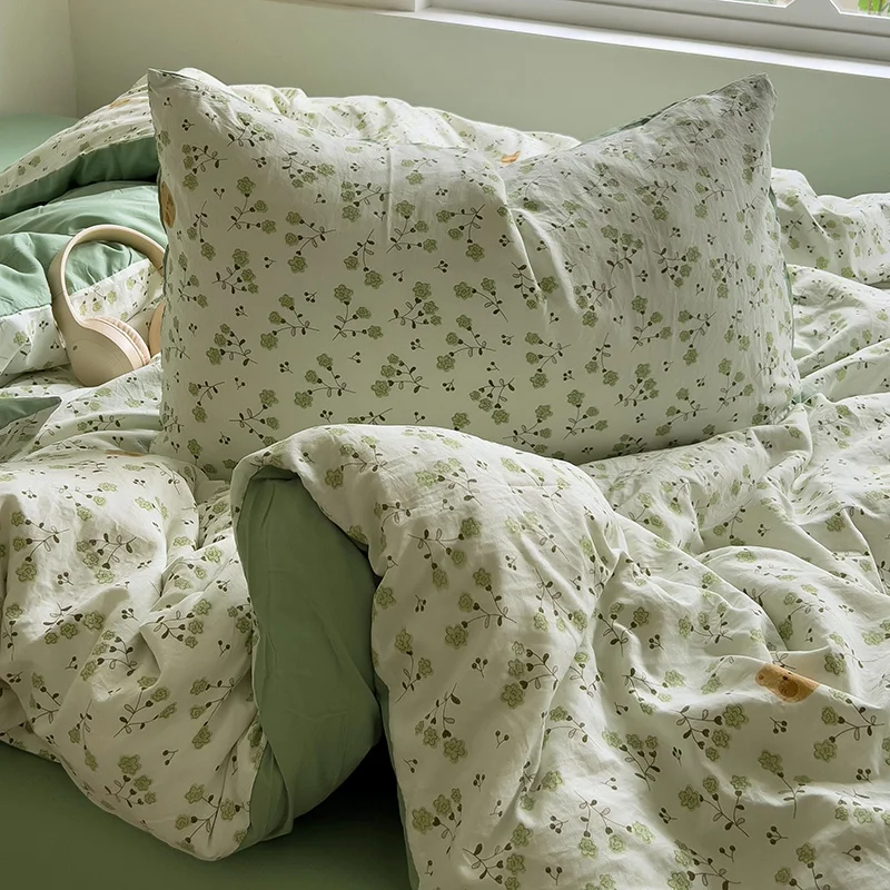 Korean Retro Floral Bedding Set 100% Washed Cotton Bed Sheets Set Soft Duvet Cover Bed Linen Pillowcase Single Double Queen King