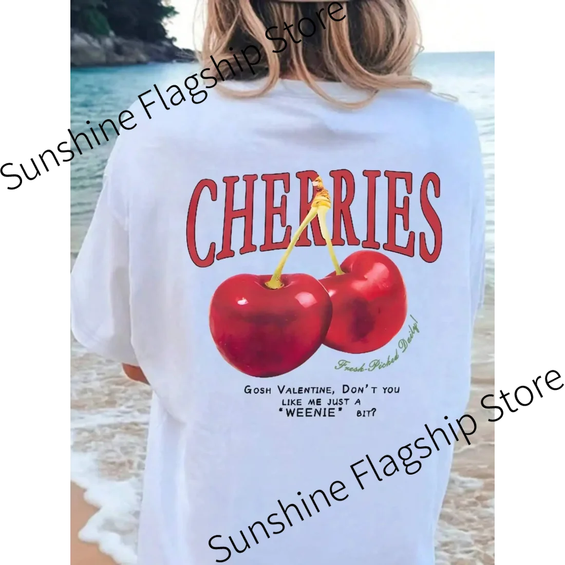 100% Cotton Women T-shirt Red Cherries Printed Tees Summer Loose Crewneck Tops Street Casual holiday Short Sleeve Female Clothes