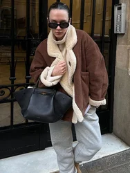 Trendix 2024 Winter Warm Jacket For Women Street Casual Loose Pocket Patchwork Lapel Cardigan Femme Elegant Vintage Suede Coats