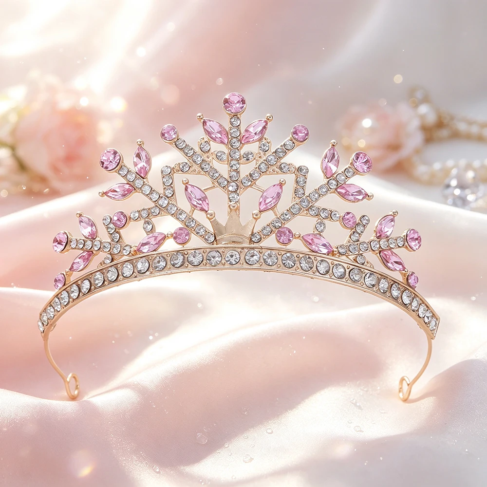 Gold Tone Christmas Tree Shape Rhinestone Queen Crown Wedding Birthday Holiday Party Headpiece Bridal Hair Accessories for Women