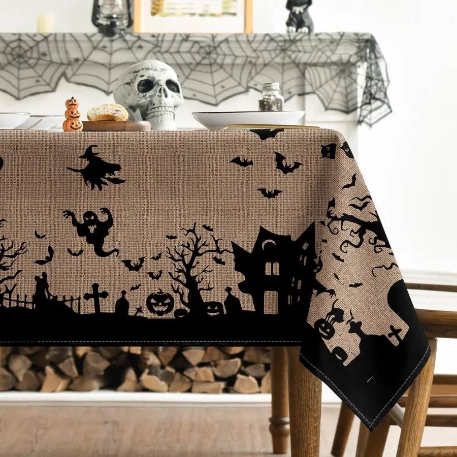 Halloween Tablecloth 60×84 Inch Rectangular Castle Tree Scary Themed Beige Washable Table Cover for Party Picnic Dinner Decor