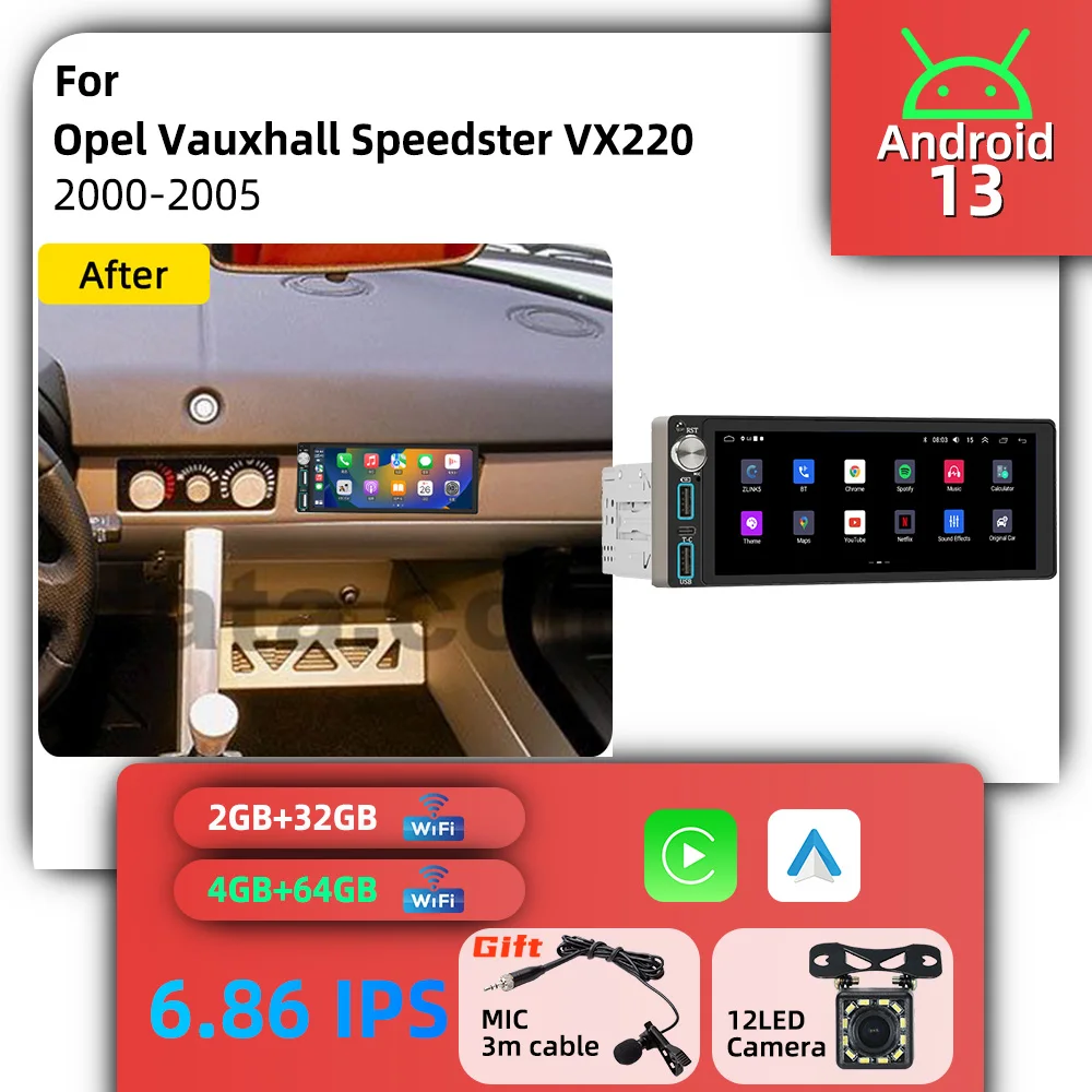 Мультимедийная система Android 1Din для автомобиля, экран 6.86 дюйма, для Opel Vauxhall Speedster VX220 2000-2005, Carplay, GPS, автомагнитола.
