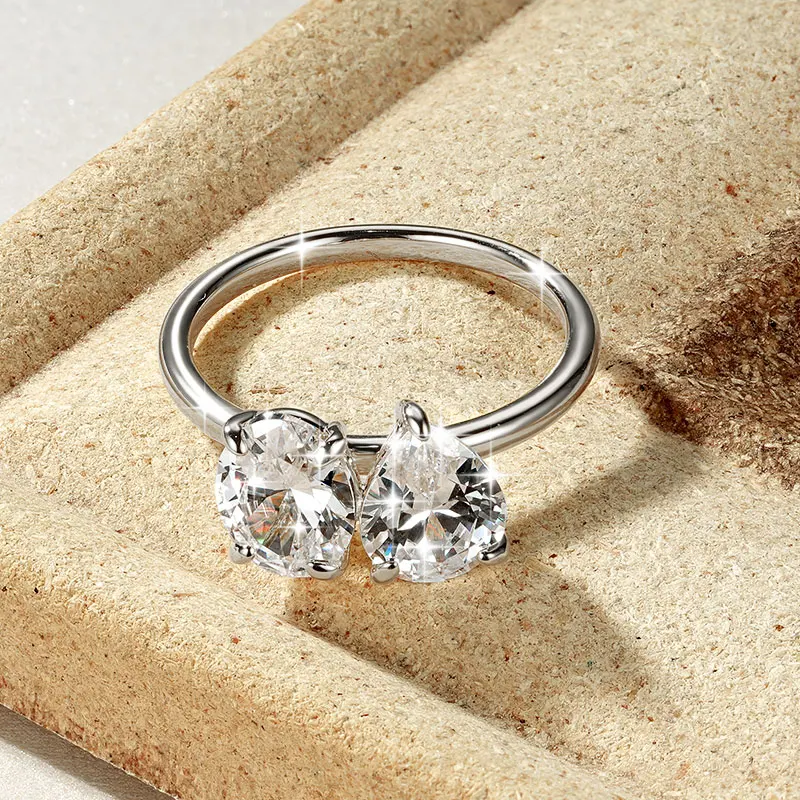 Lnngy 7 x 9 mm ovaler/birnenförmiger klarer Zirkon-Ring, exquisites Design mit zwei Steinen, verstellbare Ringe für Frauen, 2026 Trend-Schmuck, Geschenk – Detail 10