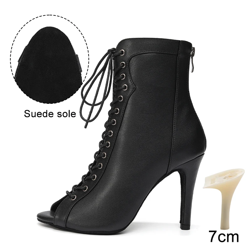 HROYL High Heel Dance Shoes Woman Beige Black Latin Dance Booties Women Open Toe Lace Up Stiletto Boots for Girls Suede Sole