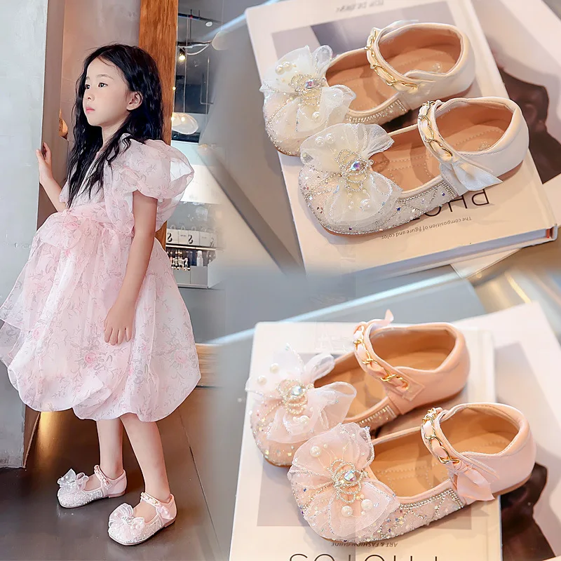 Girls' Glass Shoes 2024 Spring and Autumn New All-matching Diamond Bow Princess Korean Version of Small Shoes for Children